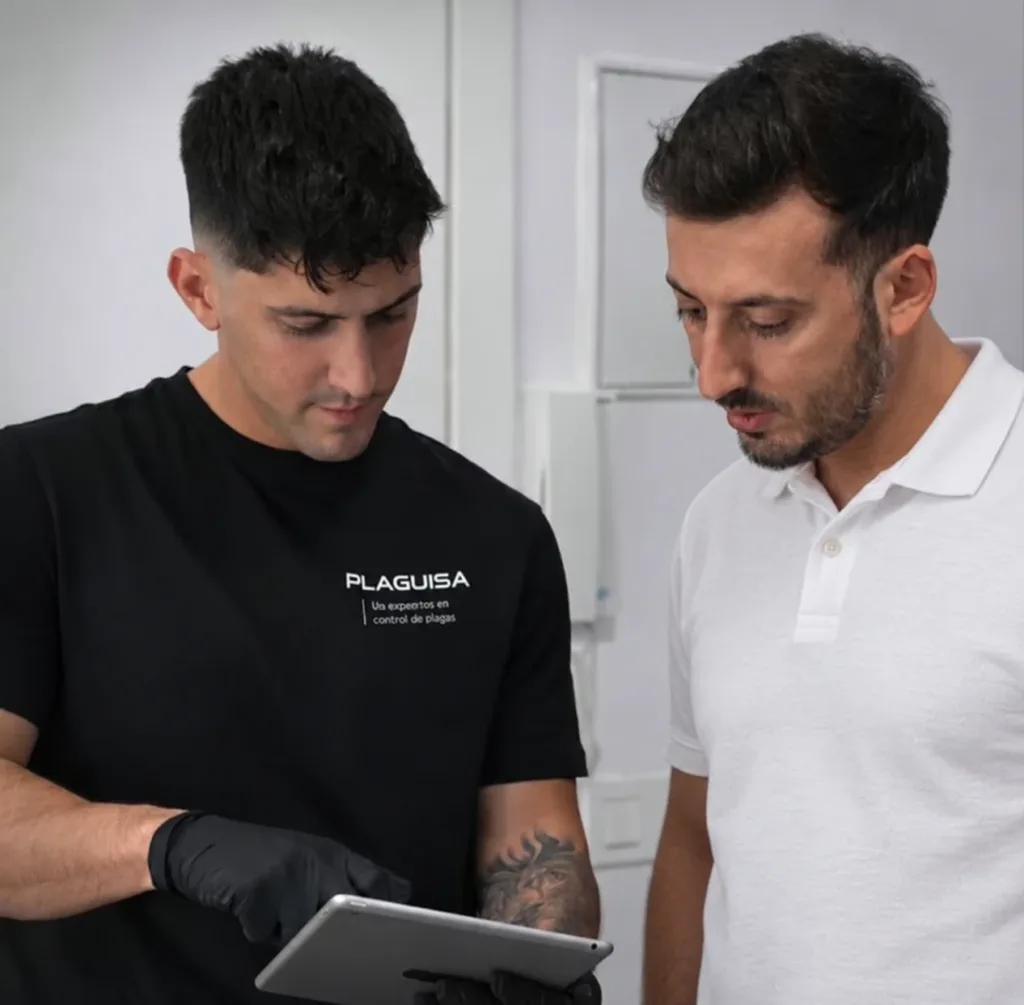 Técnico de PLAGUISA revisando con un cliente la evaluación de una incidencia de cucaracha americana en una tablet