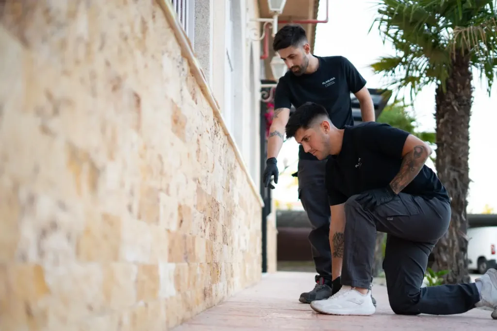 Técnicos de PLAGUISA revisando posibles accesos de roedores en el exterior de una vivienda