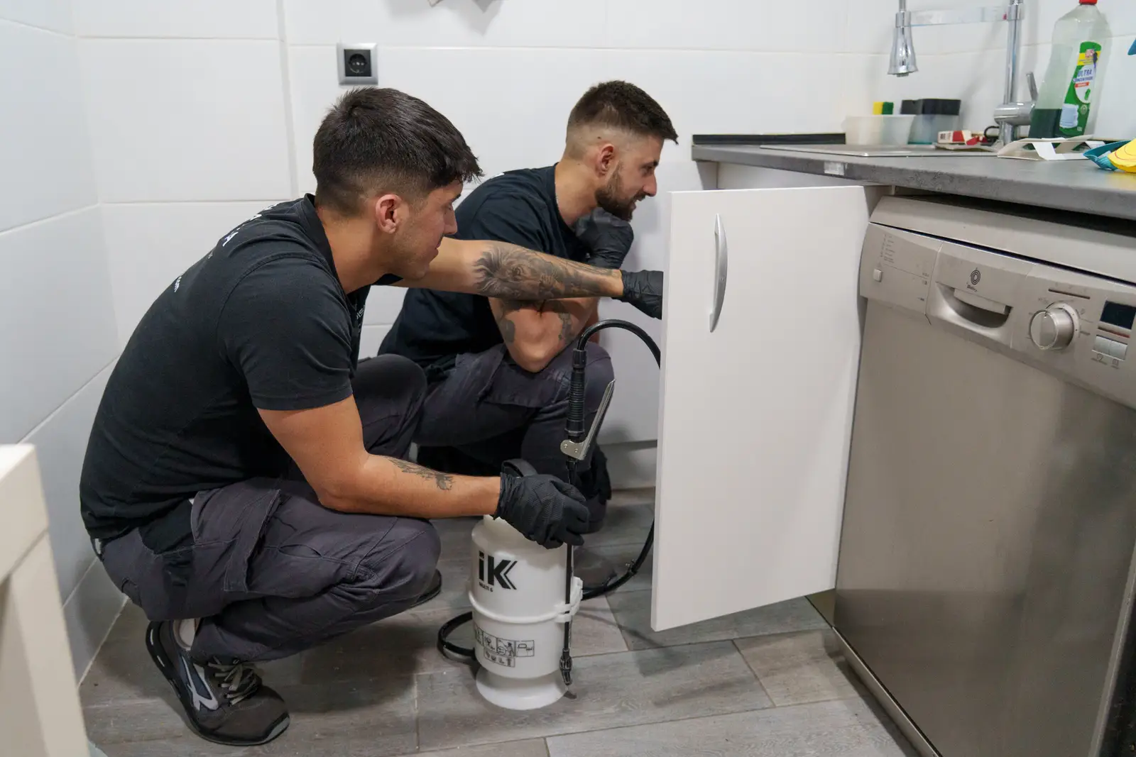 Técnicos de PLAGUISA revisando una zona de cocina para valorar una incidencia de cucaracha americana